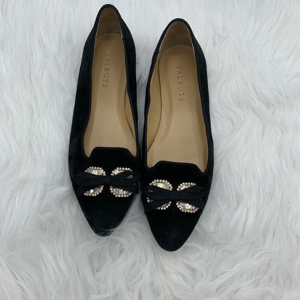 Talbots Black Suede‎ Embellished Bow Flats Size 6